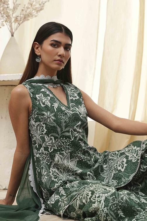 Green Cotton Floral Peplum Suit Set image number 7