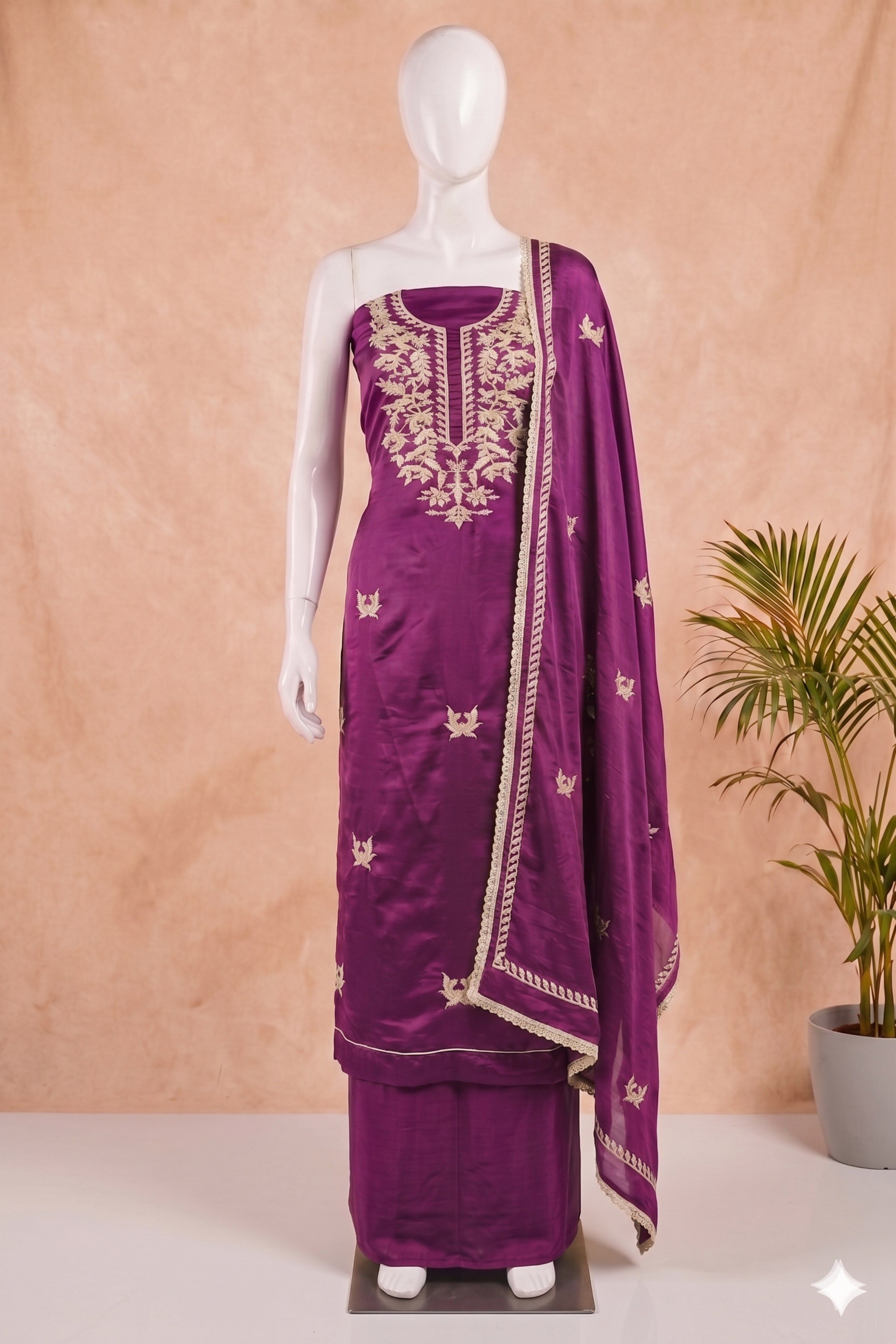 Wine Chanderi Thread Work Unstitched Suit Set image number 4