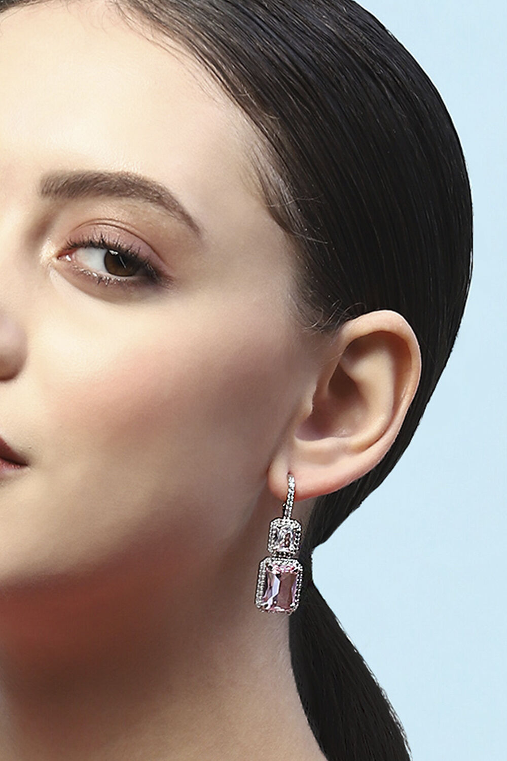 Light Pink Silver-Plated CZ Studded Geometric Danglers image number 3