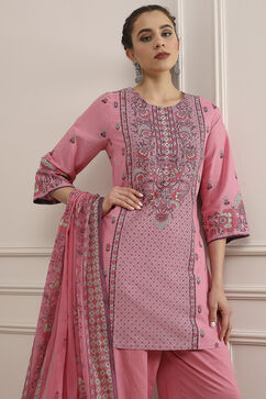 Light Pink Cotton Straight Printed Suit Set image number 7