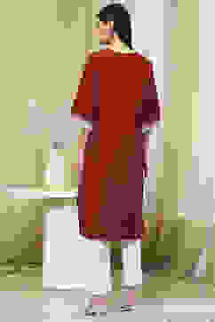 Maroon Cotton Dyed Straight Kurta image number 3