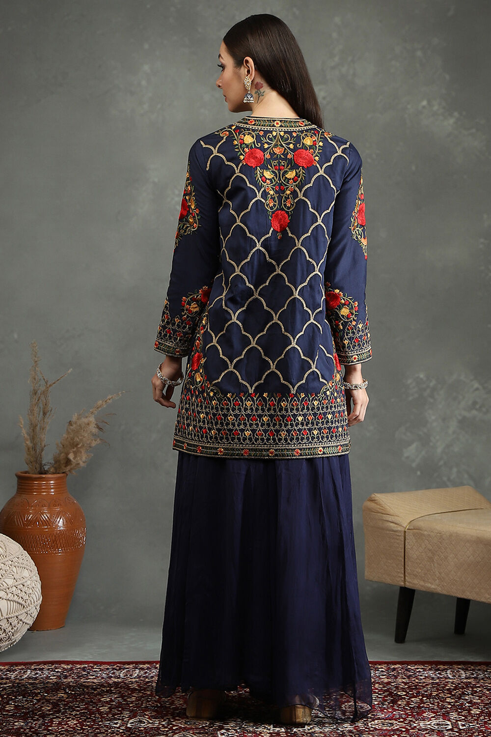 Rohit Bal Blue Silk Chanderi Floral Straight Suit Set image number 4