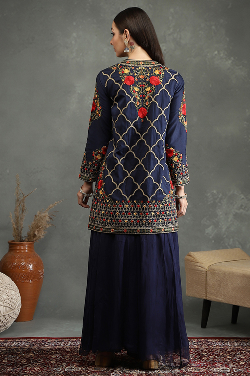 Rohit Bal Blue Silk Chanderi Floral Straight Suit Set image number 4