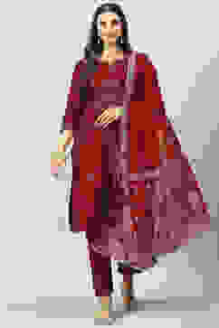 Maroon Poly Viscose Straight Kurta Slim Pants Suit Set image number 0