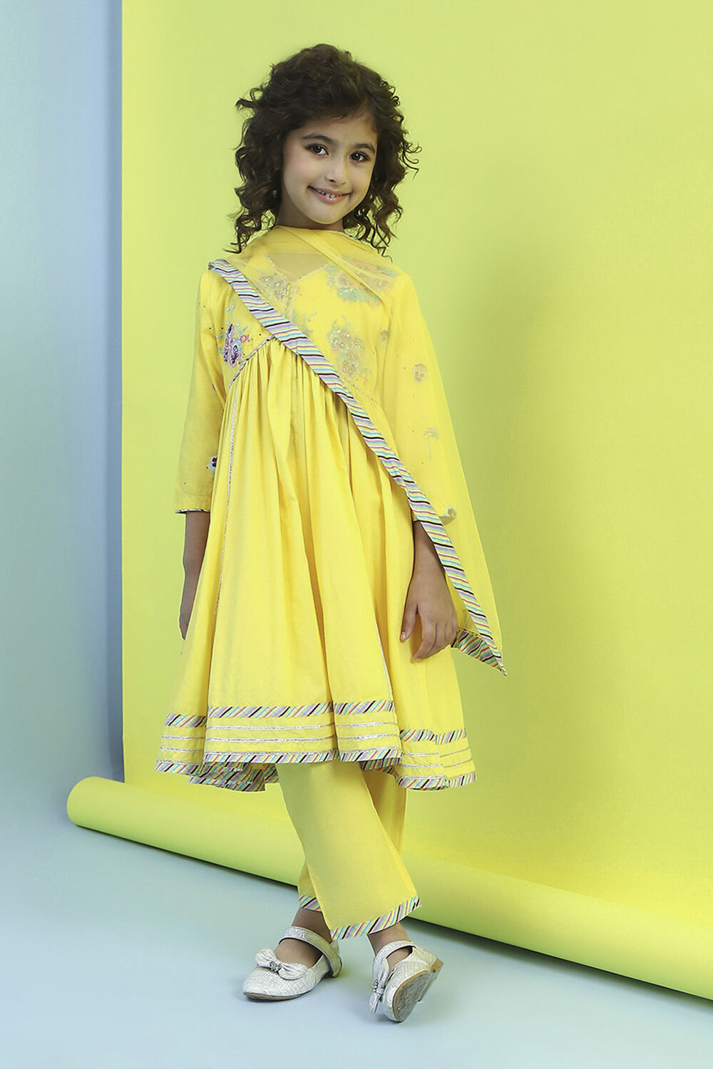 Yellow Cotton Embroidered Gathered Suit Set image number 0