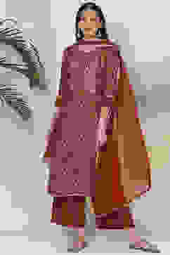 Terracotta Red Art Silk Straight Kurta Palazzo Suit Set image number 0