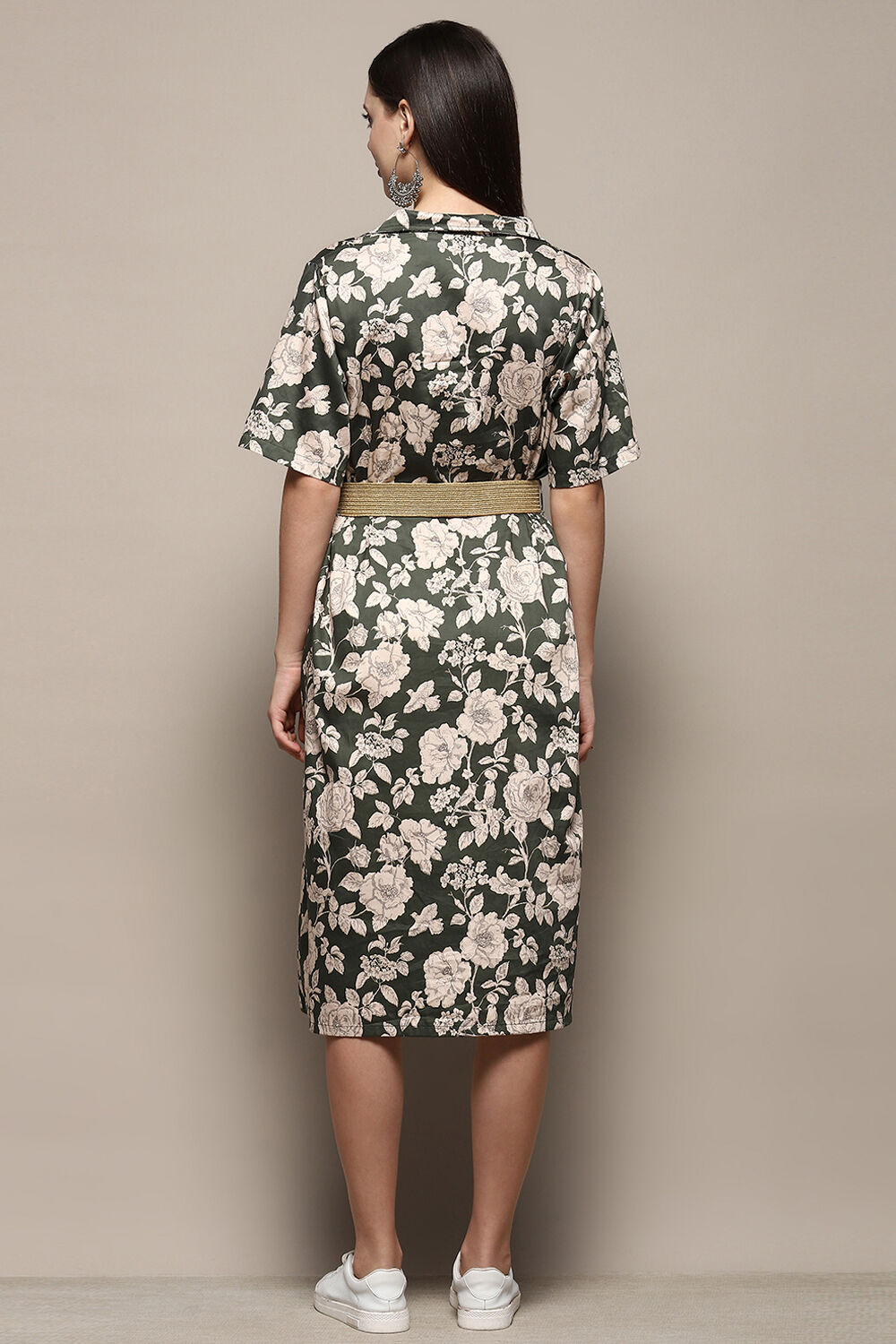 Dark Green Pure Cotton Floral Printed Straight Dress image number 3