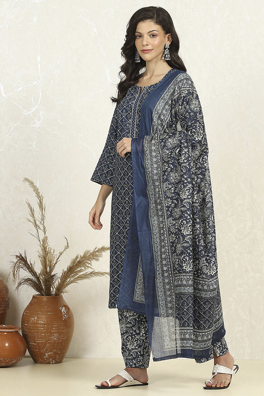 Blue Cotton Printed Unstitched Suit Set image number 4