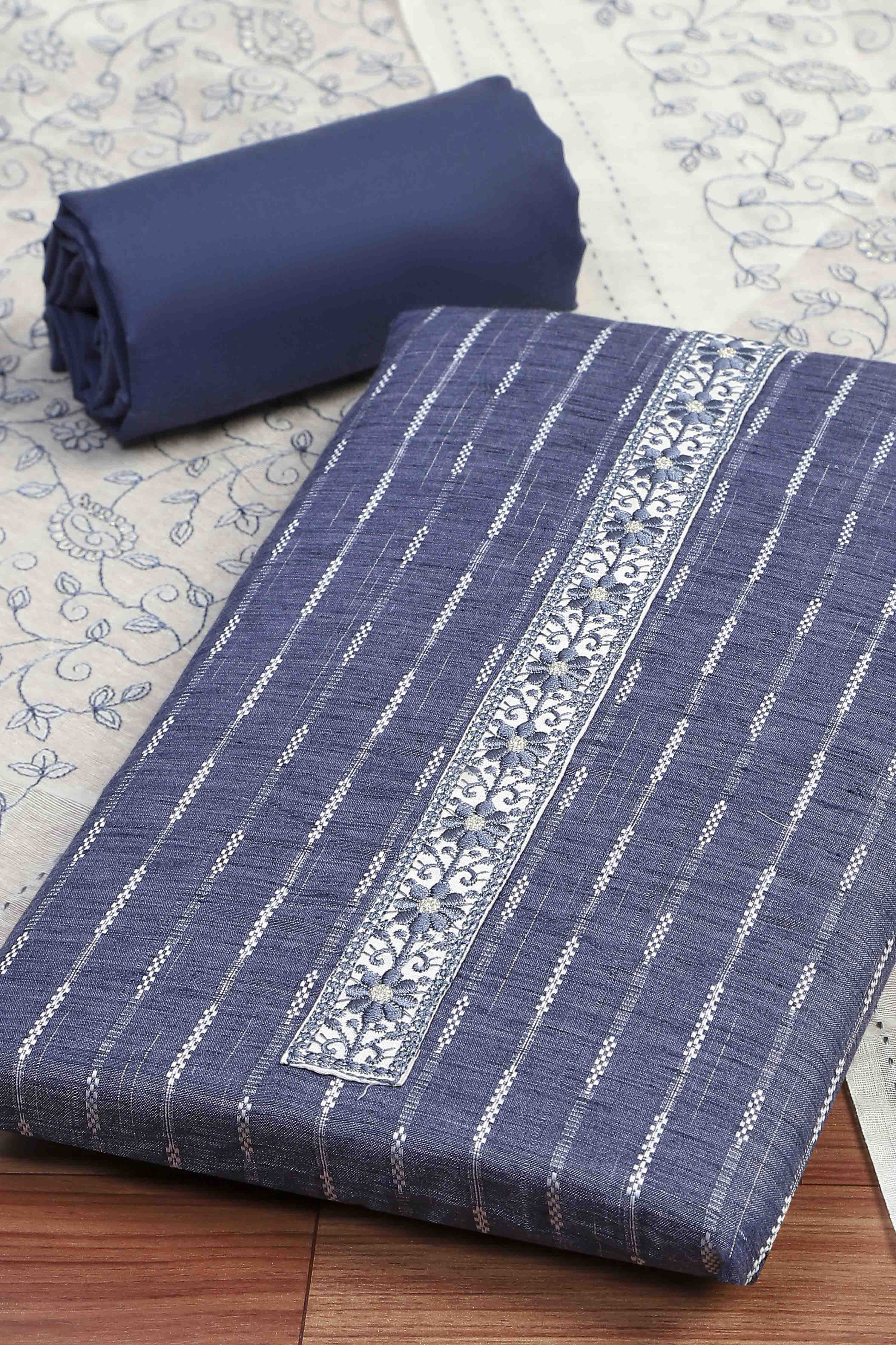 Blue Cotton Printed Unstitched Kurta Set image number 1