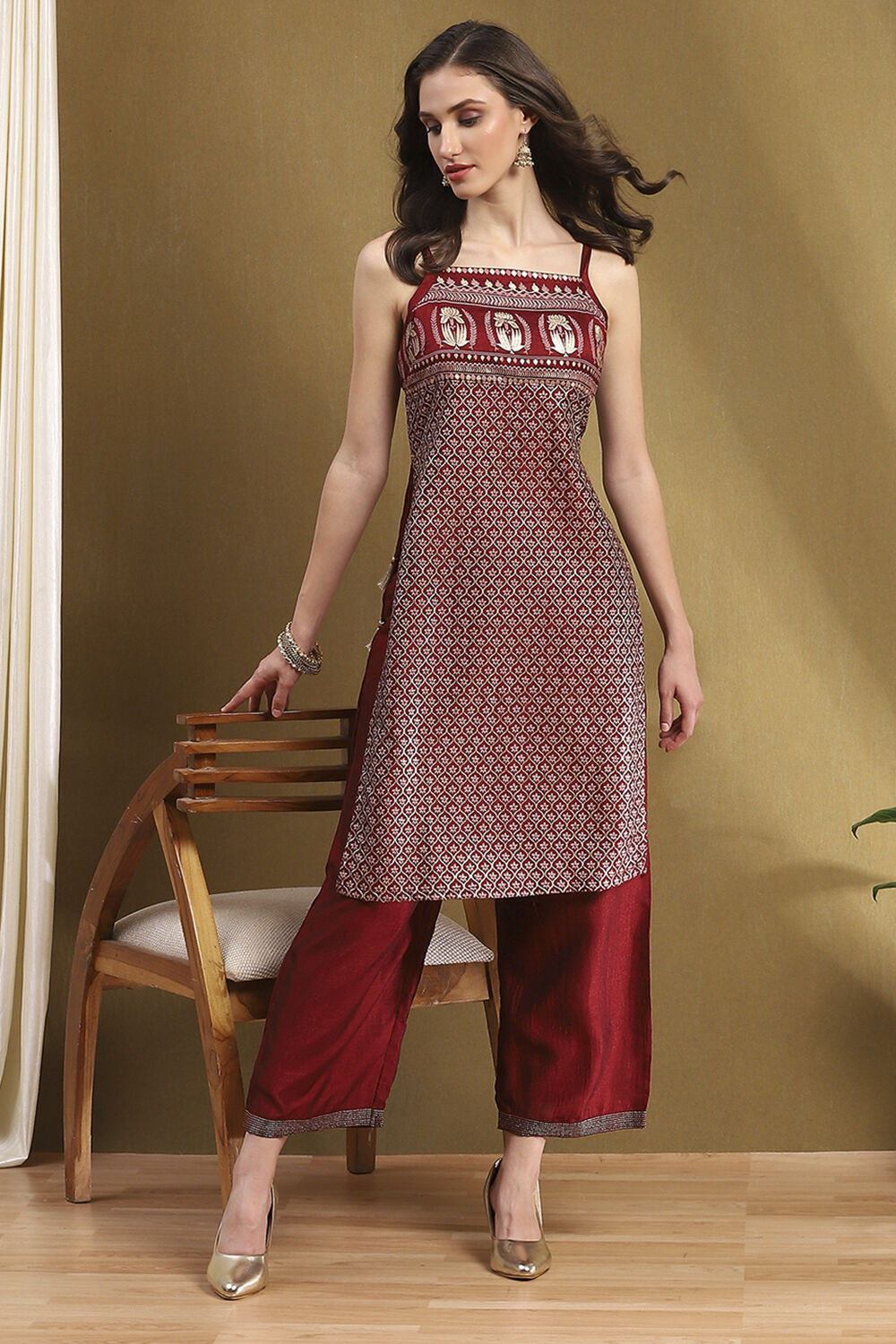 Grey Silk Floral Hand-Block Printed Festive Straight Kurta image number 6