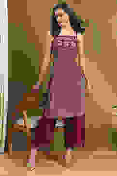 Maroon Silk Floral Hand-Block Printed Festive Straight Kurta image number 6