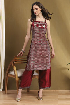 Maroon Silk Floral Hand-Block Printed Festive Straight Kurta image number 6