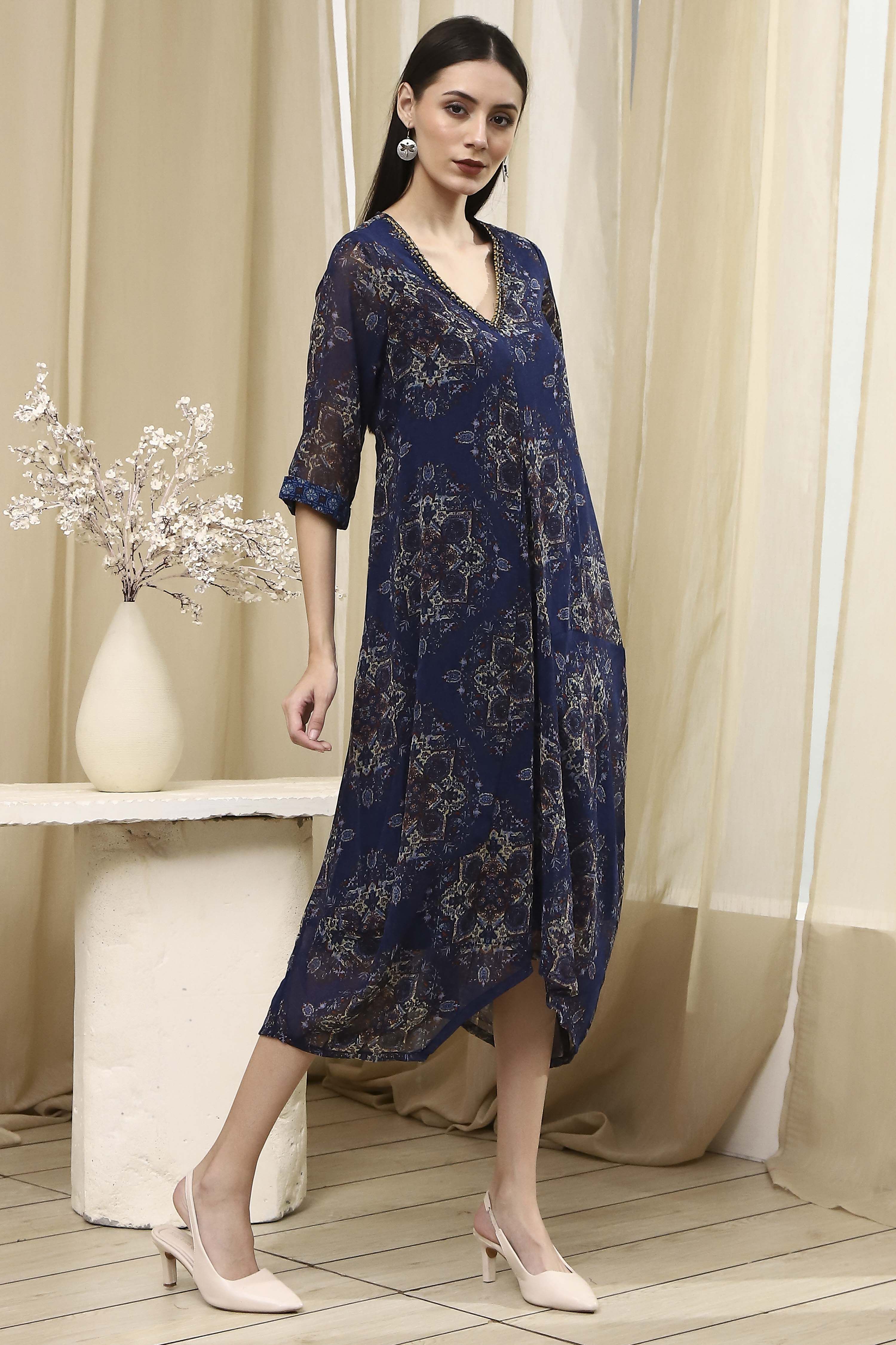 Blue Georgette Printed Asymmetric Dress image number 4