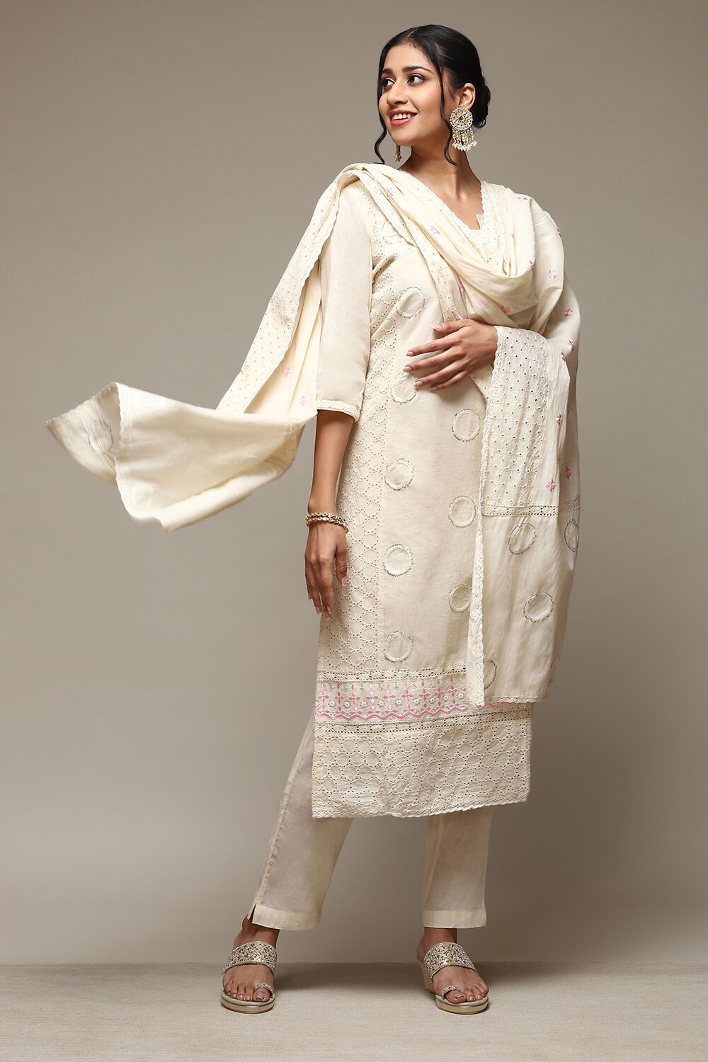 Off White Cotton Schiffly Unstitched Suit Set image number 1