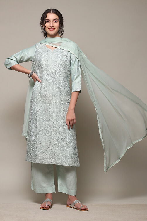 Sea Green Cotton Silk Straight Kurta Palazzo Suit Set image number 0