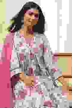 Off-White Cotton Floral Gathered Suit Set image number 7