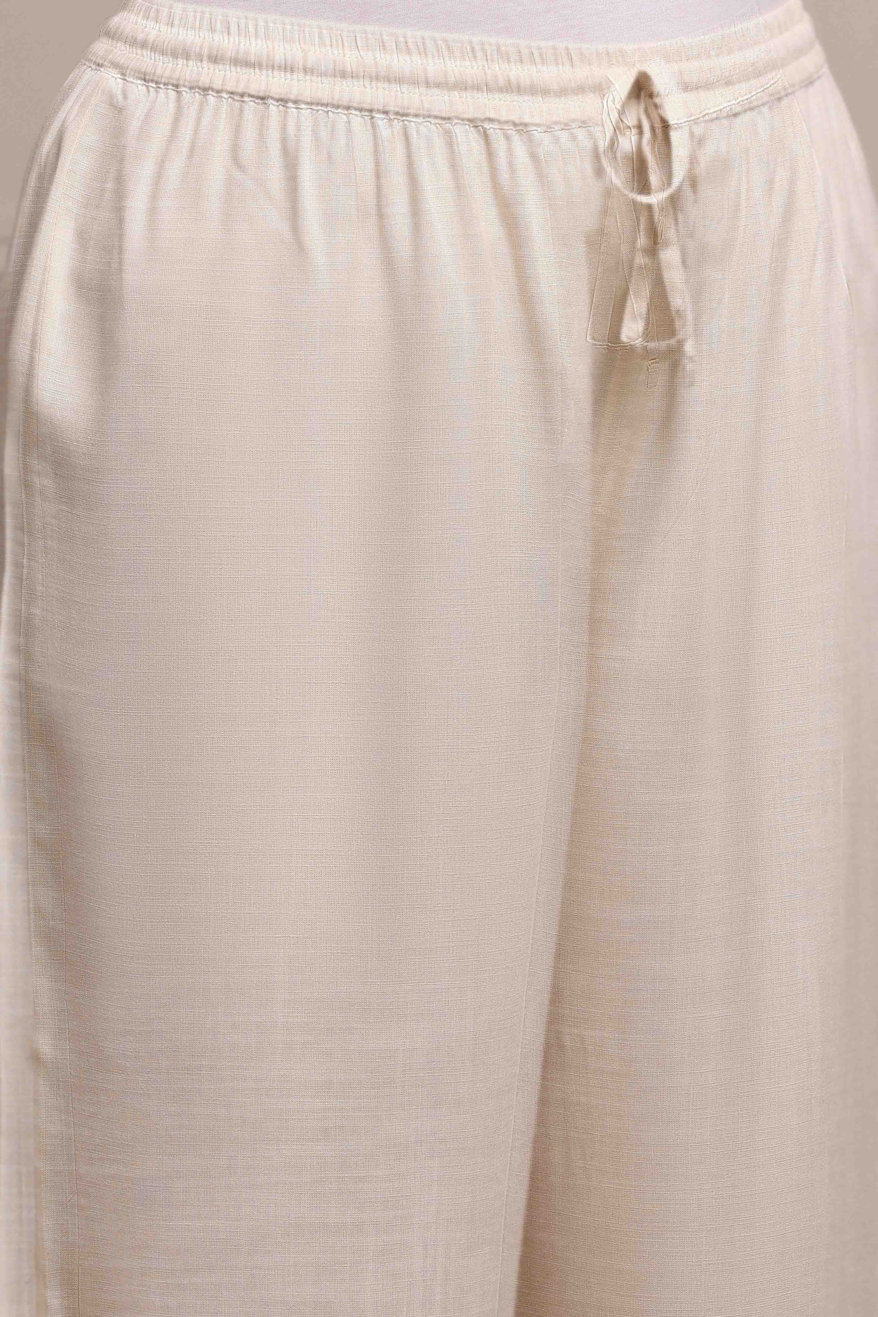 Beige Cotton Linen Yarn-Dyed Embroidered Straight Suit Set image number 2