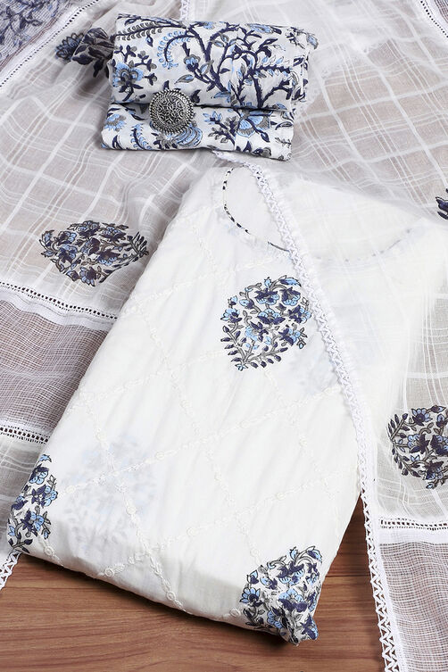 White and Blue Cotton Printed Unstitched Suit Set image number 0