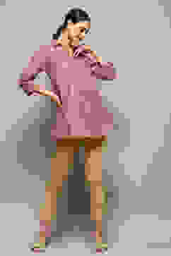 Rust Cotton Floral Printed A-Line Shirt Style Kurti image number 0