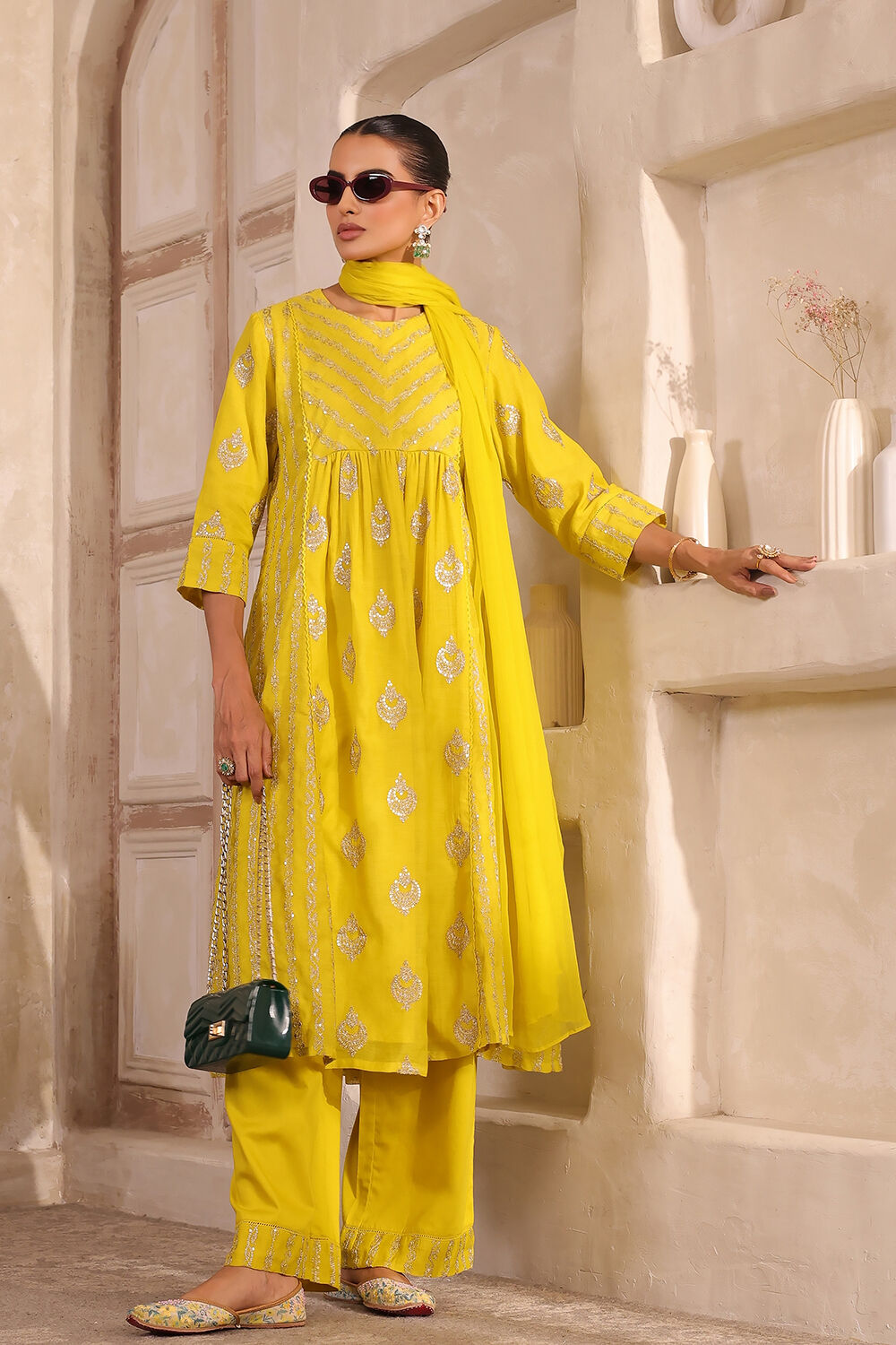 Lime Yellow Chanderi Embroidered Gathered Suit Set image number 0