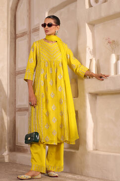 Lime Yellow Chanderi Straight Dyed Suit Set image number 0