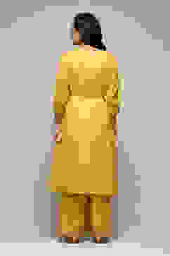 Yellow Cotton Silk Gathered Kurta Palazzo Suit Set image number 4