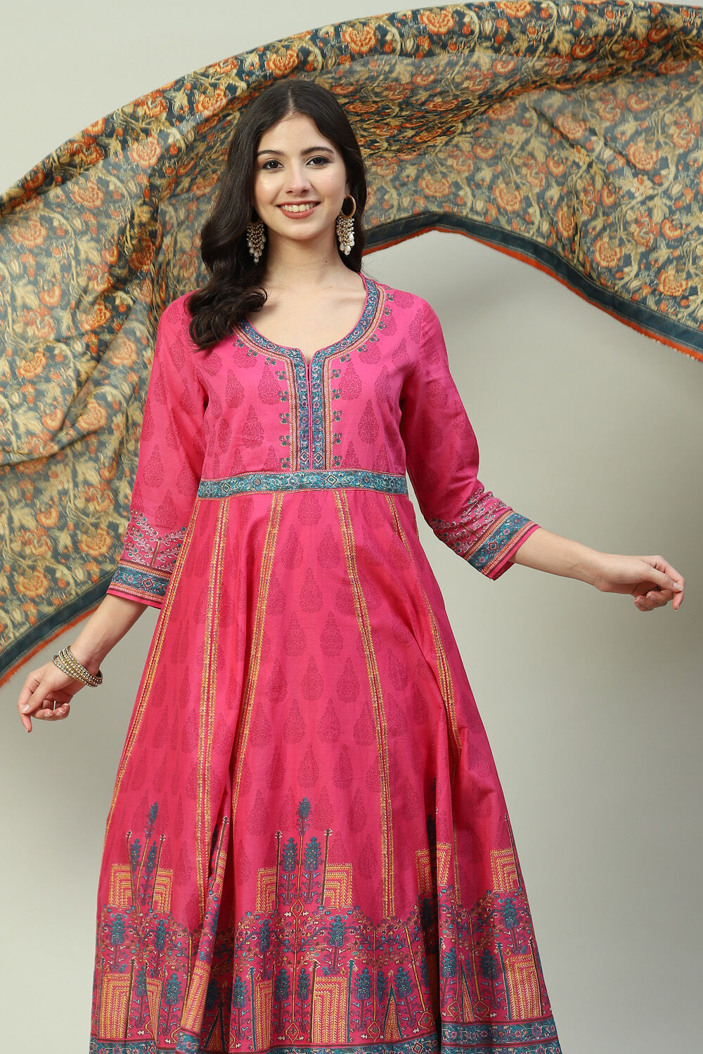 Fuschia Cotton Anarkali Kurta Churidar Suit Set image number 6
