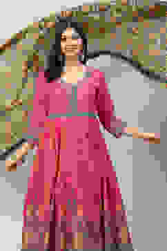 Fuschia Cotton Anarkali Kurta Churidar Suit Set image number 6