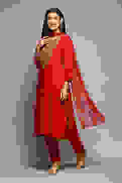 Coral Red LIVA Gathered Kurta Parallel Pants Suit Set image number 5