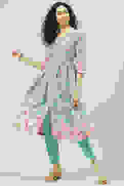 Green & Turquoise Printed Cotton Gathered Suit Set image number 6