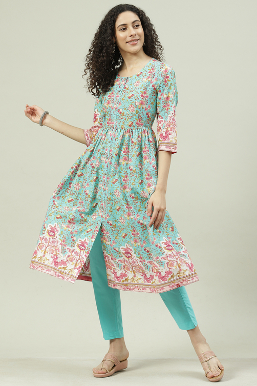 Dusky Pink Printed Cotton Gathered Suit Set image number 6