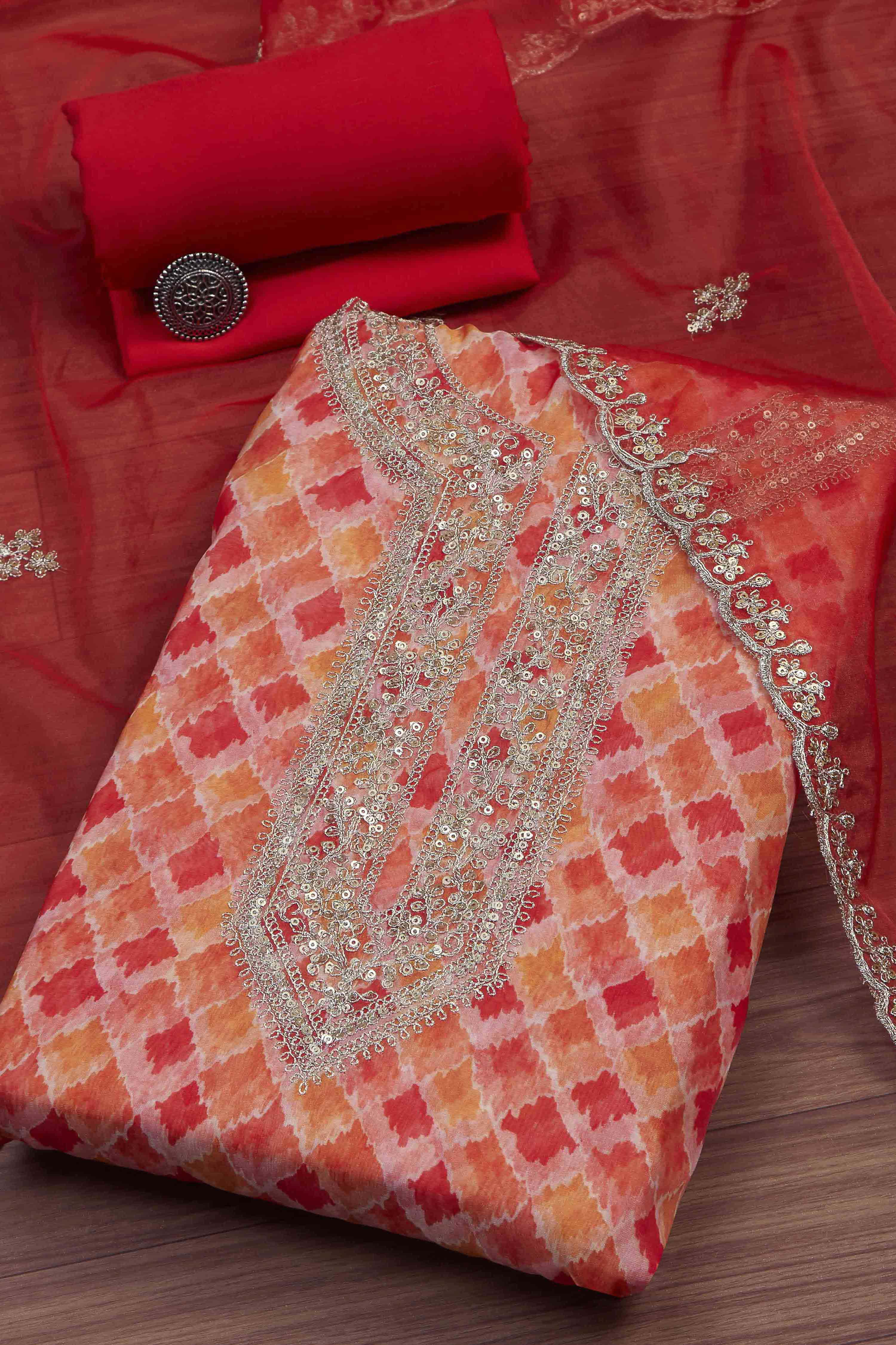 Peach-Colored Organza Rajasthani Print Unstitched Suit Set image number 0