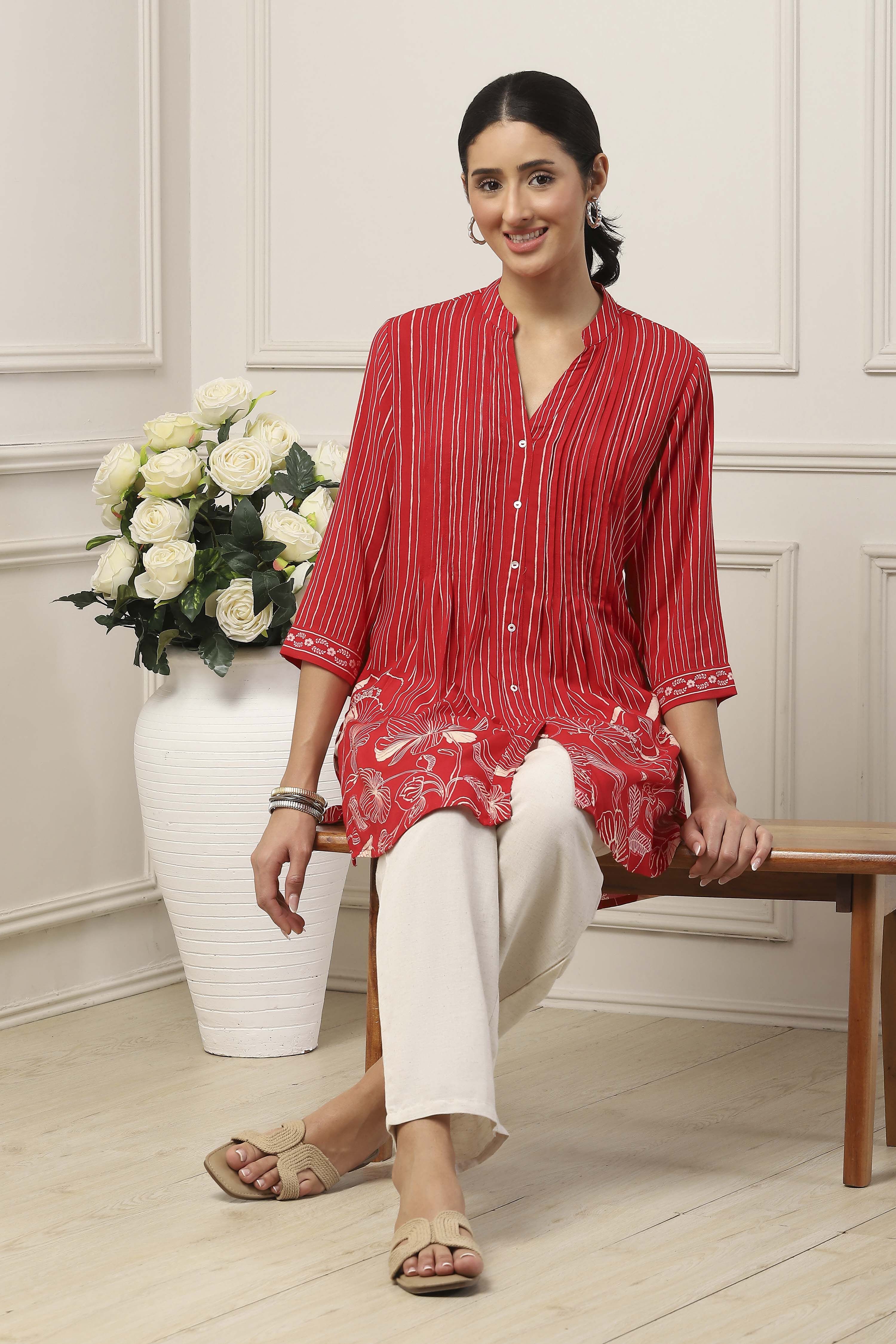Red Viscose Rayon Straight Tunic image number 0