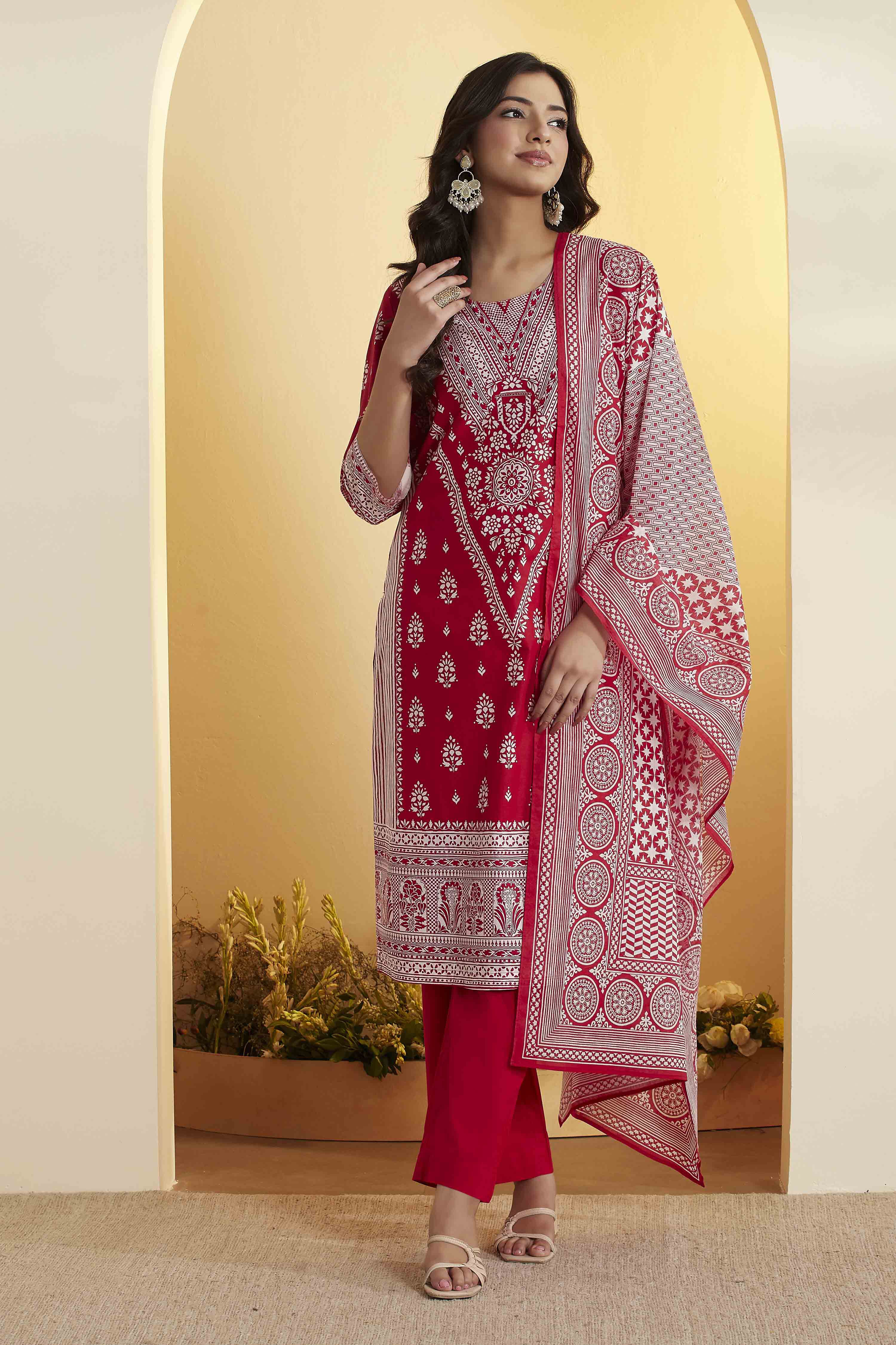 biba Red Cotton Straight Suit SetRed Cotton Straight Suit Set-picture-534
