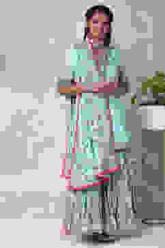 Turquoise Art Silk Kurta Garara Suit Set image number 6