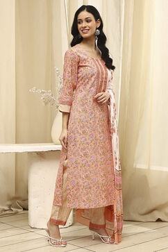 Pink Cotton Screen Print Unstitched Suit Set image number 5