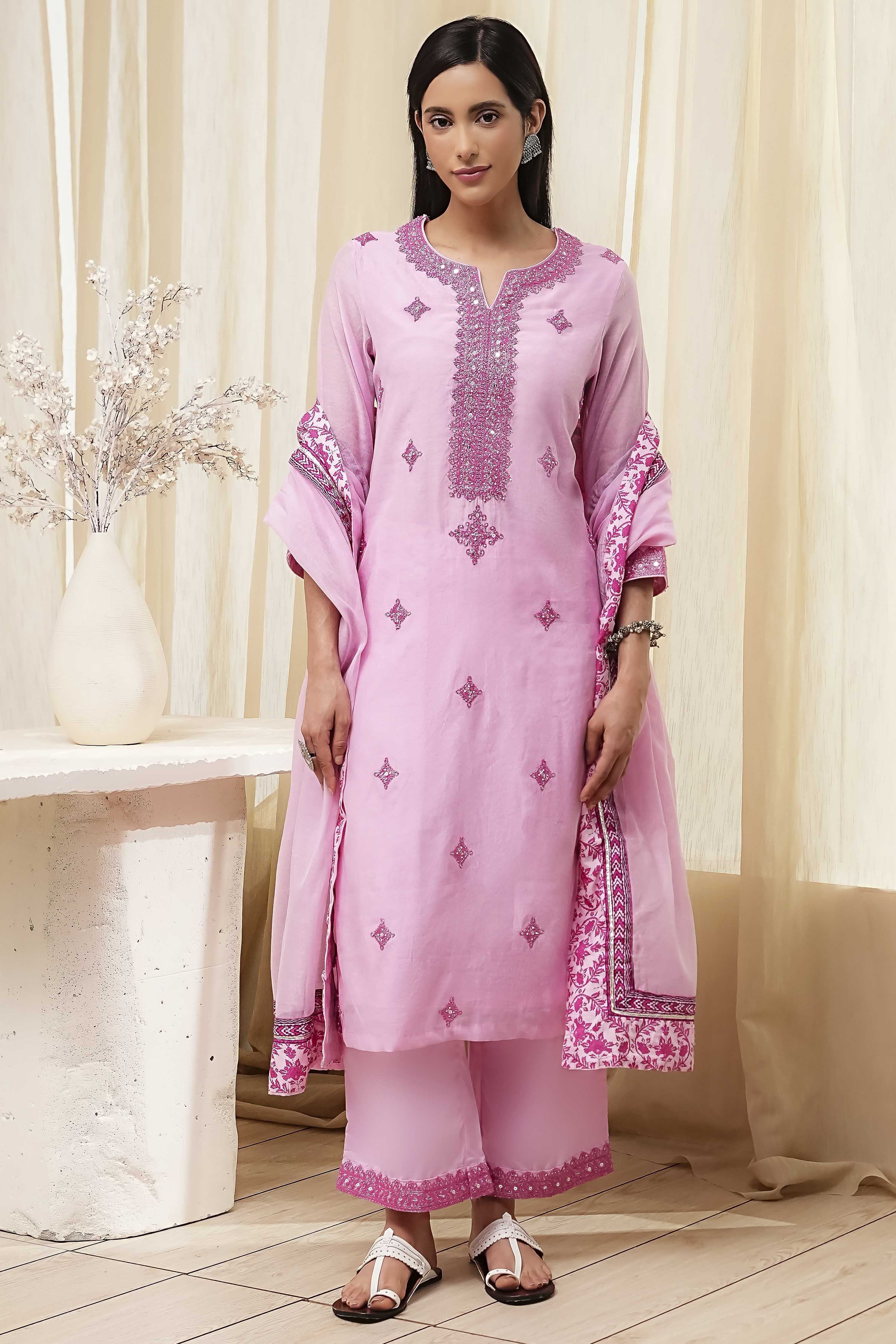 Pink Embroidered Straight Suit Set image number 6