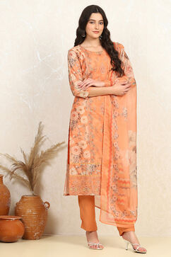 Orange Muslin Unstitched Suit Set image number 6