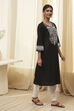 Black Pure Cotton Embroidered Straight Kurta image number 4