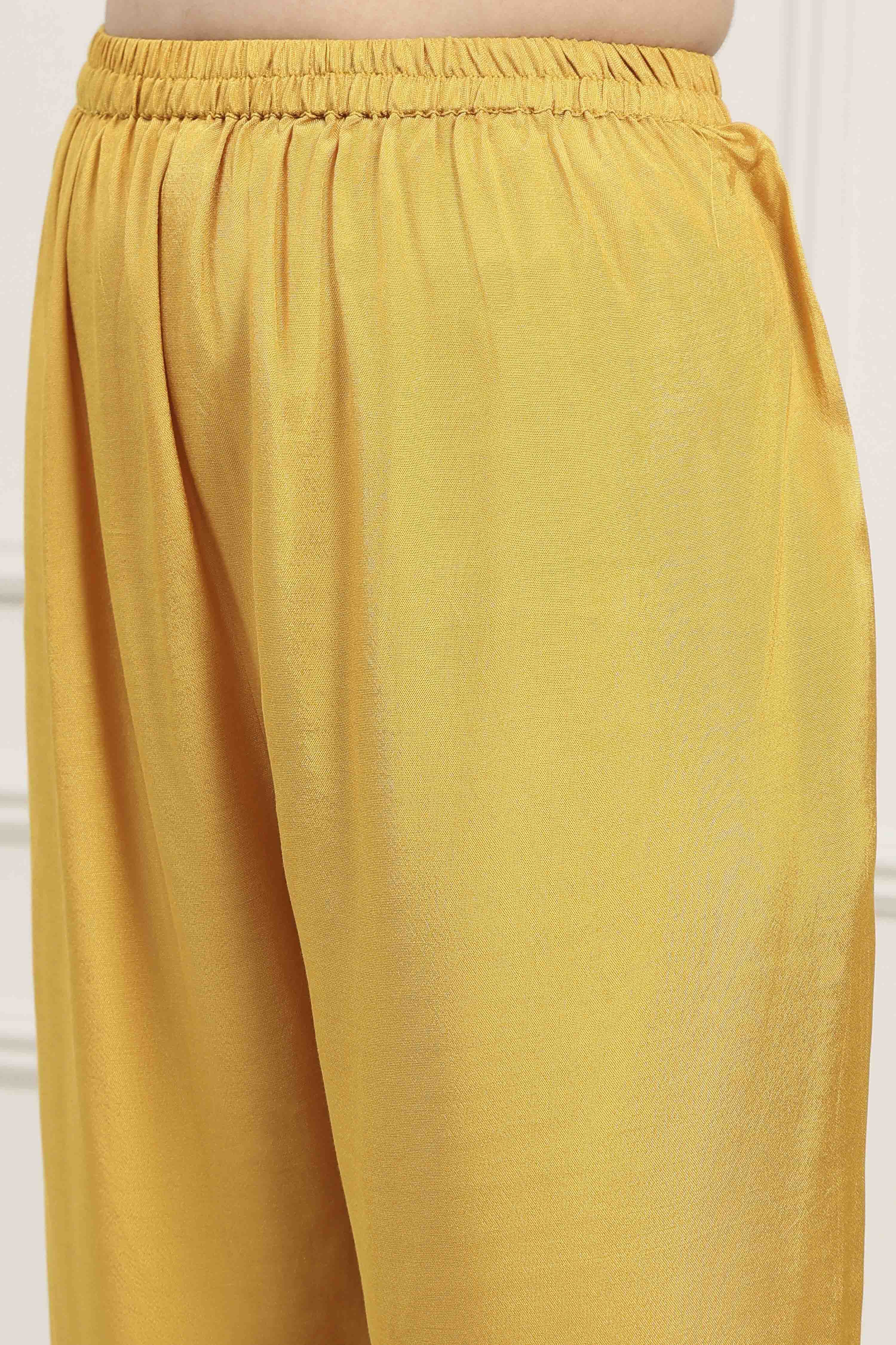 Yellow Silk Blend Printed Unstitched Suit Set image number 3