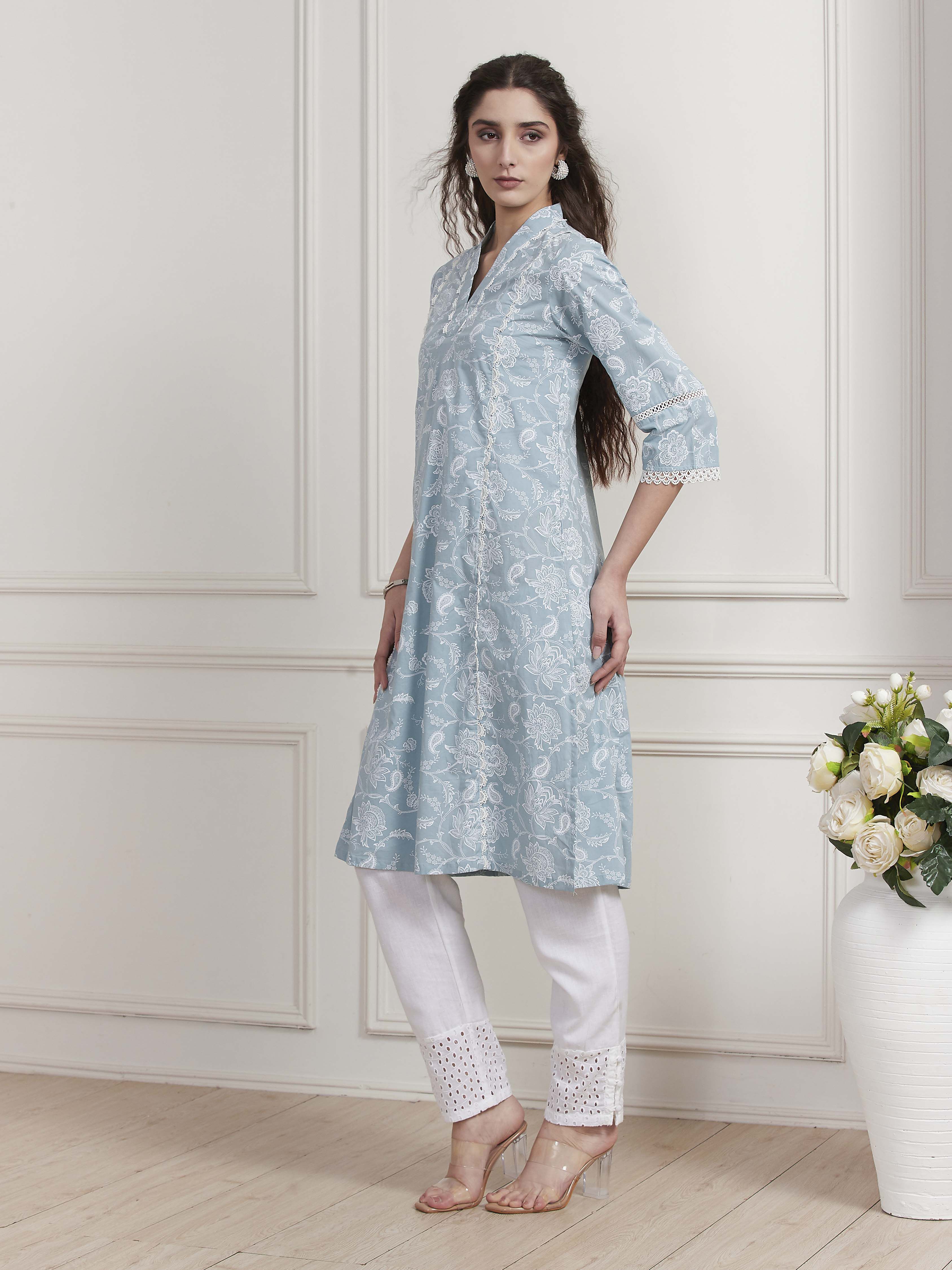 Blue Cotton Straight Kurta image number 2