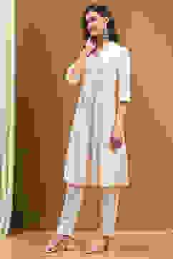 Ecru Cotton Solid Pleated A-Line Kurta image number 2