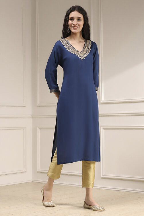 Blue Solid Straight Kurta image number 4