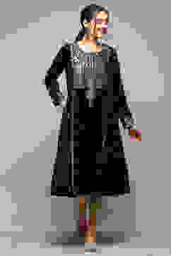 Black Poly Velvet Straight Printed Kurta image number 5