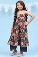 Blue Cotton Tiered Printed Kurta Set