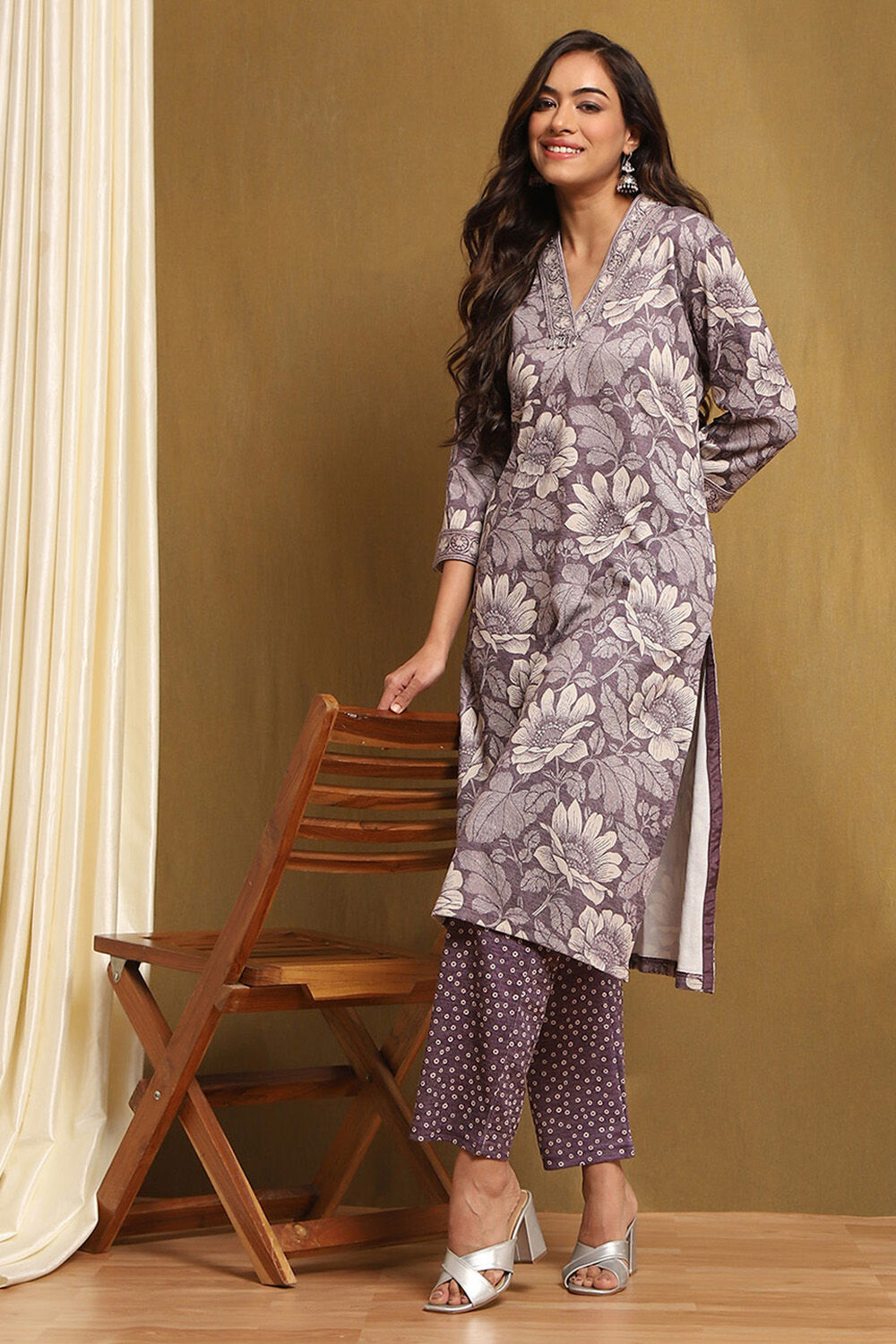 Beige Printed Straight Winter wear Kurta Set image number 0