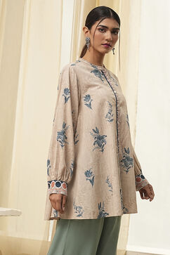 Beige Pure Cotton Shirt-Style A-Line Short Kurta image number 4