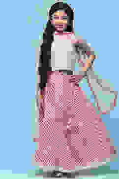 Pink Cotton Embroidered Blouse & Lehenga With Net Dupatta image number 0