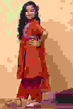 Red Floral Printed Gathered Festive Flared Suit Set image number 3