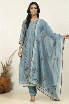 Blue Chanderi Printed Unstitched Suit Set image number 1